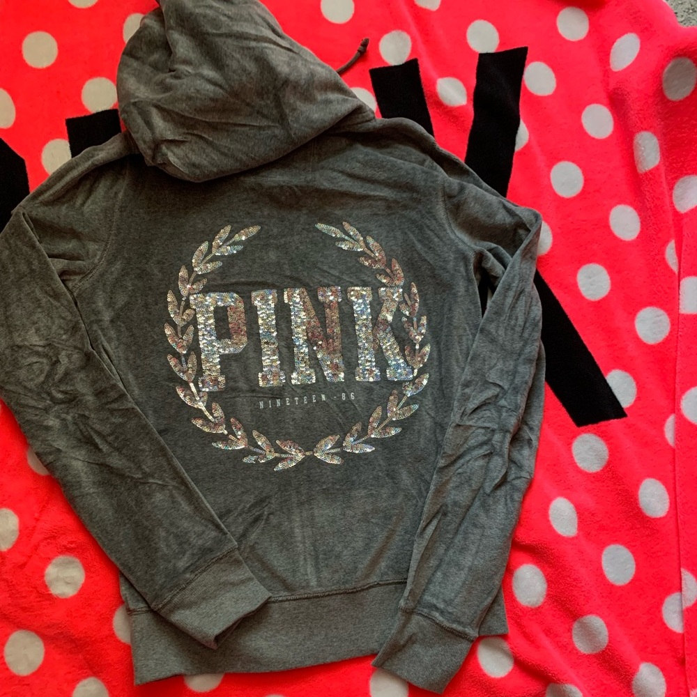 BLING PINK Velour Victoria's Secret Heather Gray Zip-Up with tags